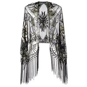 Black and Gold Embroidered Fringe Shawl